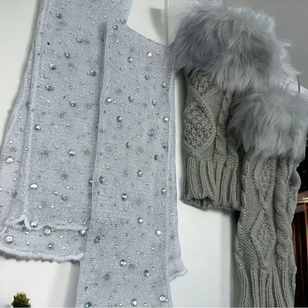 SXY l Elegant Silver Arm Sleeves Shimmery & Sheer, Gray Fuzzy, Fingerless Gloves